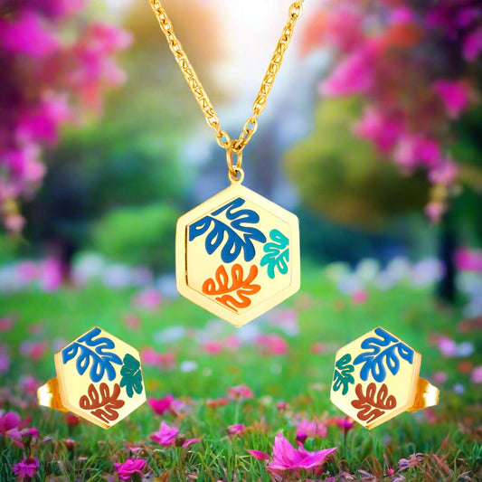 Leaves Design Plated Gold Hexagon Necklace and Earrings