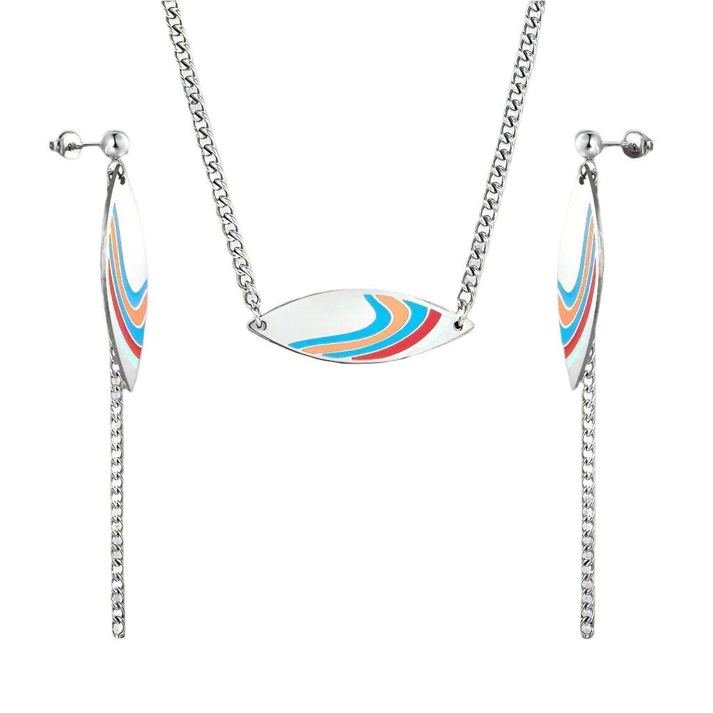 Color Printed Oval Shape Necklace and Drop Earrings.