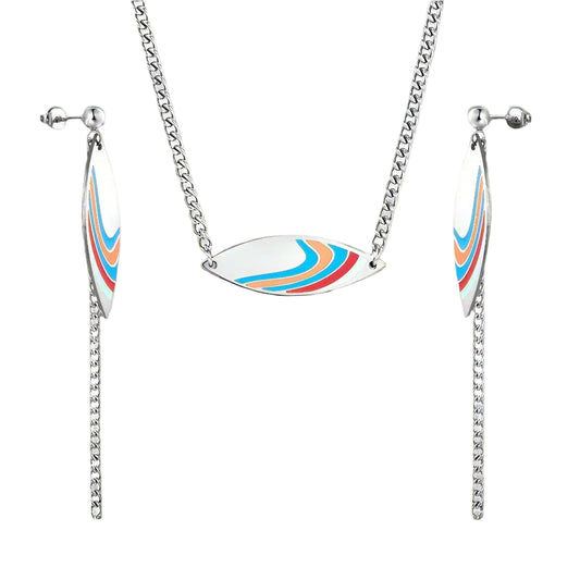 Color Printed Oval Shape Necklace and Drop Earrings.