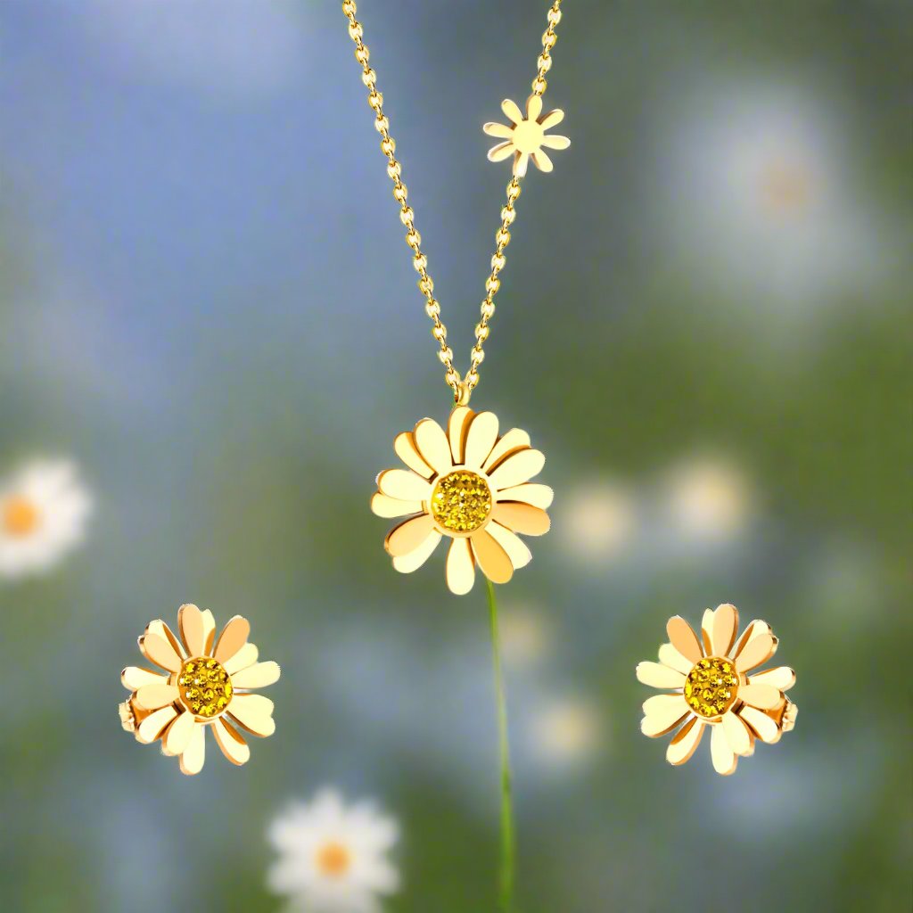 Daisy Flower Plated Gold Necklace and Earrings - consueloalondra