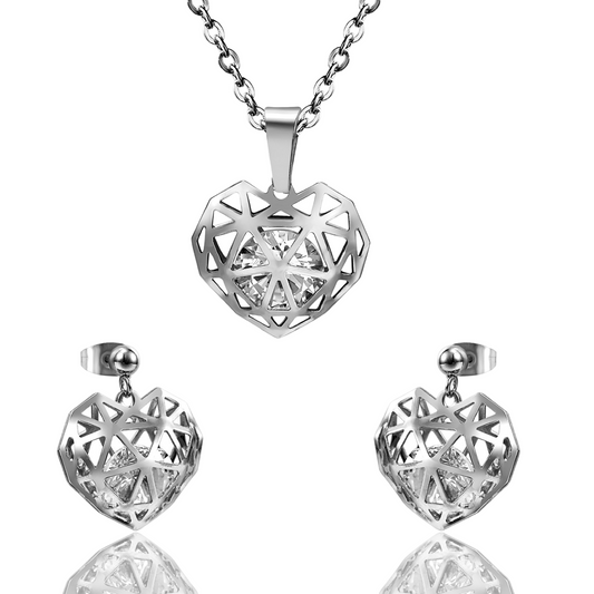 heart-shaped geometric necklace and earrings set