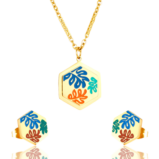 Leaves Design Plated Gold Hexagon Necklace and Earrings