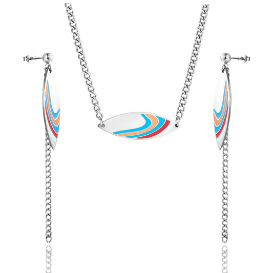 Color Printed Oval Shape Necklace and Drop Earrings.