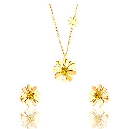 Daisy Flower Plated Gold Necklace and Earrings