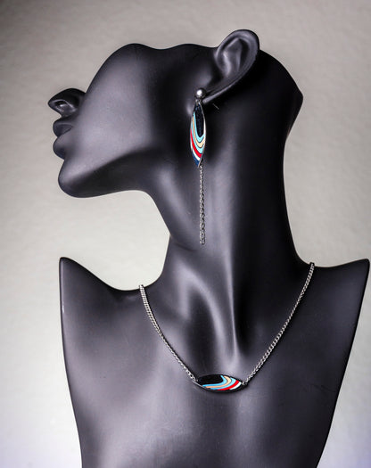 Color Printed Oval Shape Necklace and Drop Earrings.