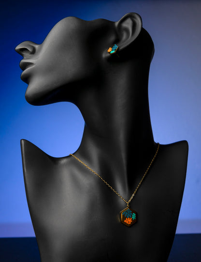 Leaves Design Plated Gold Hexagon Necklace and Earrings