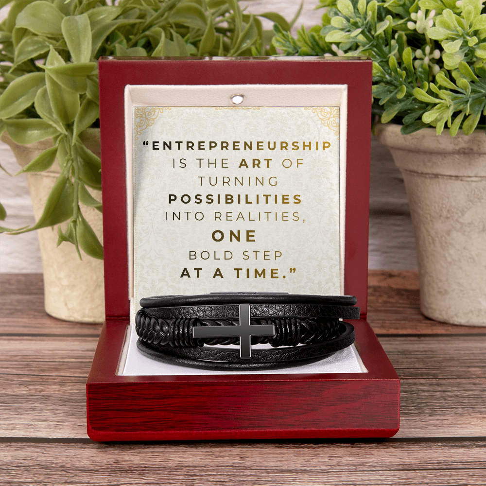 Men’s Cross Vegan Leather Bracelet | Faith & Entrepreneurship Gift