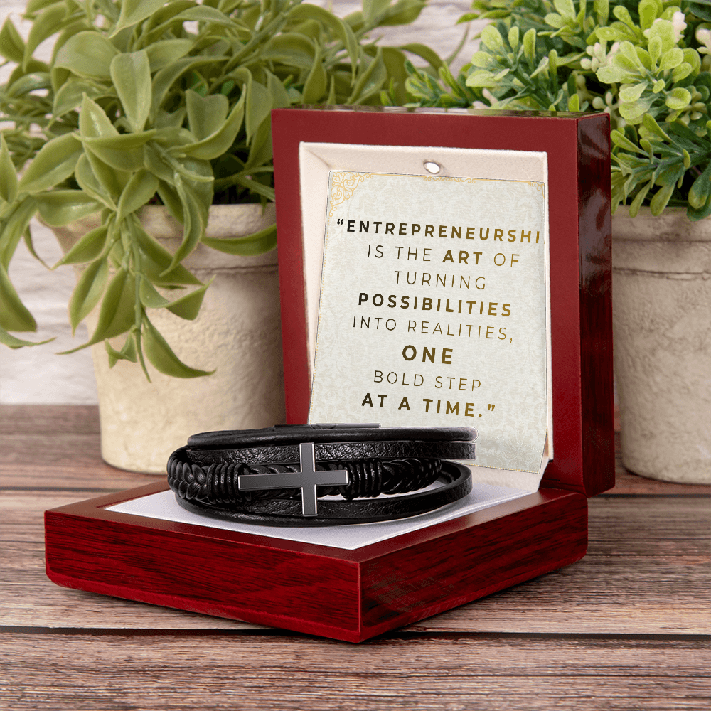 Men’s Cross Vegan Leather Bracelet | Faith & Entrepreneurship Gift