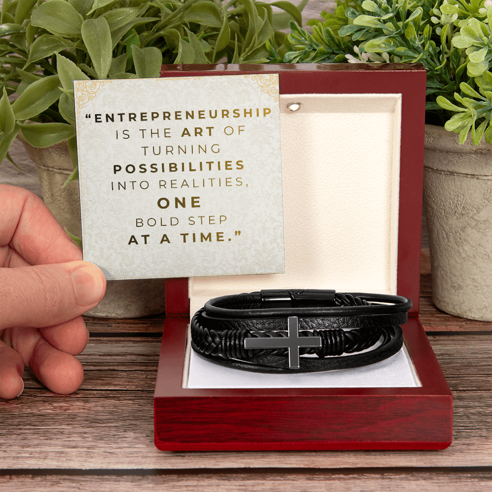 Men’s Cross Vegan Leather Bracelet | Faith & Entrepreneurship Gift