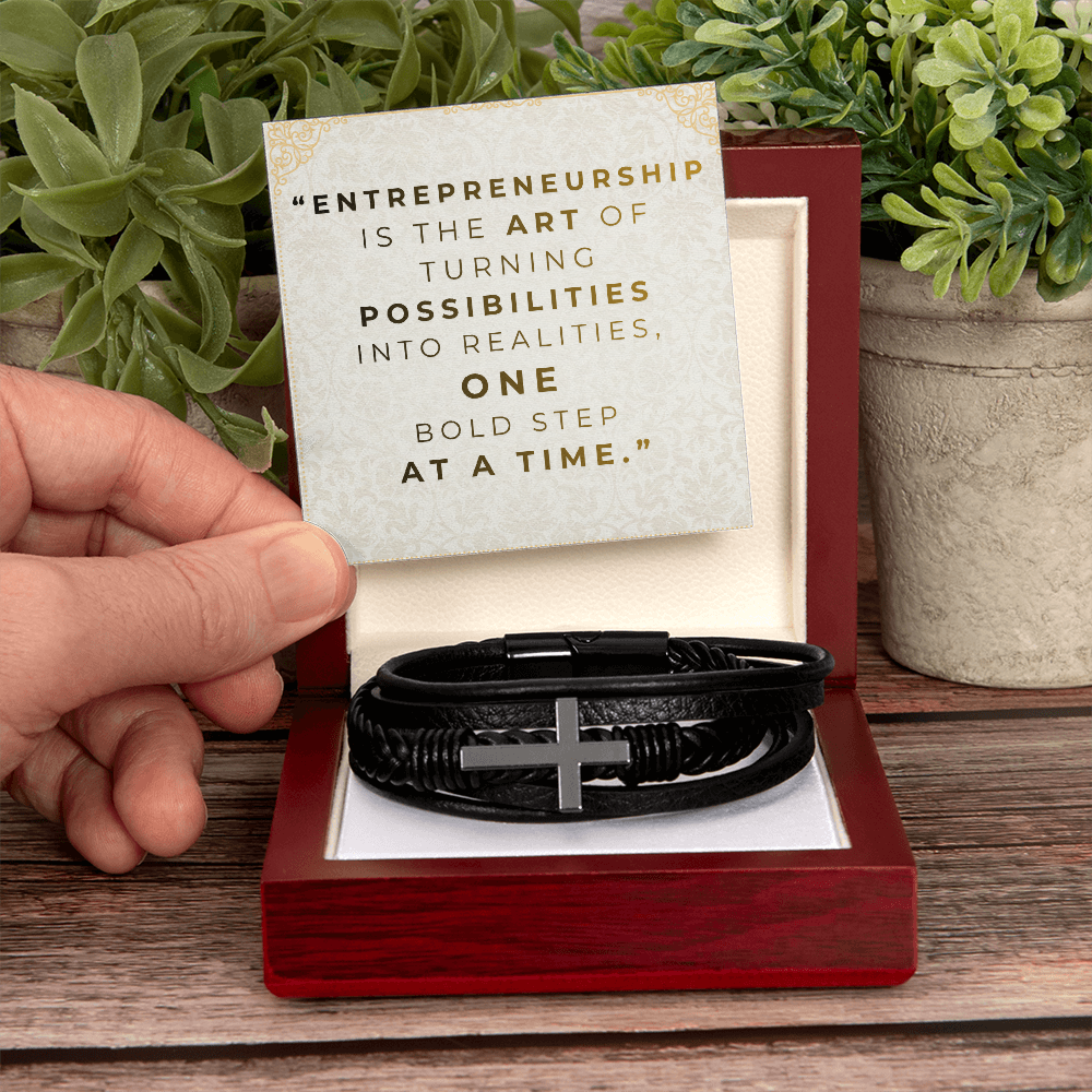 Men’s Cross Vegan Leather Bracelet | Faith & Entrepreneurship Gift